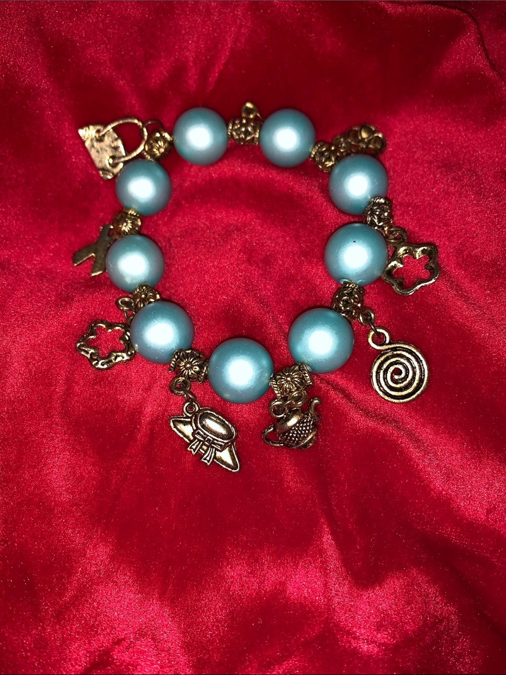 Turquoise Pearl  stretch Charm Bracelet with Gold Accents